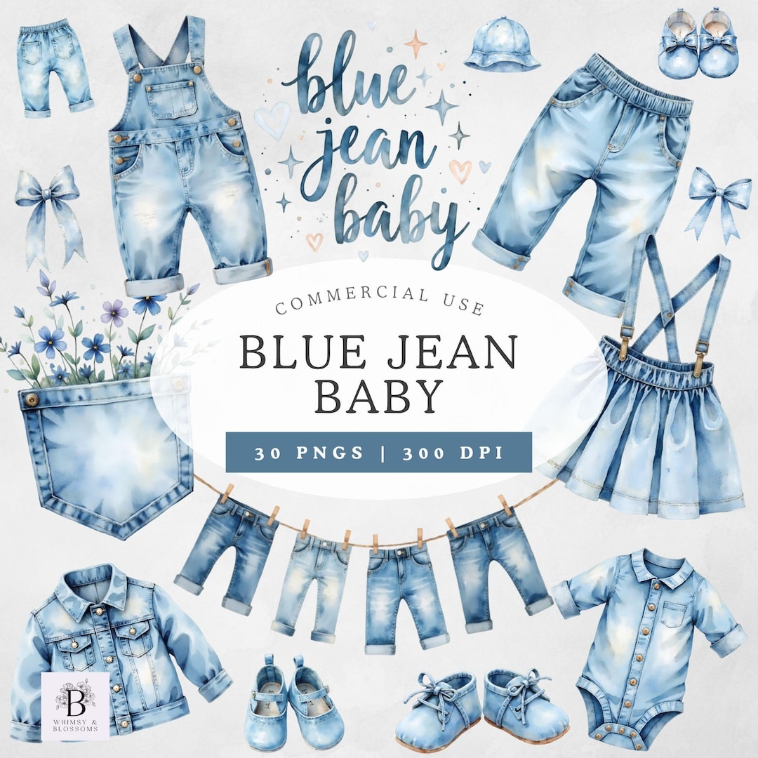 Blue Jean Baby Clipart, Watercolor Denim Baby Clothes, Cute Baby Shower ...