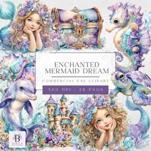 Mermaid Clipart, Watercolor Cute Mermaid,under The Sea Ocean Animals Clipart, Digital Downloads, Commercial Use, Digital Craft Supplies