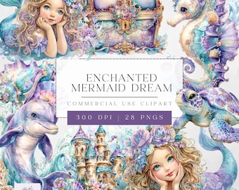 Mermaid Clipart, Watercolor Cute Mermaid,under The Sea Ocean Animals Clipart, Digital Downloads, Commercial Use, Digital Craft Supplies