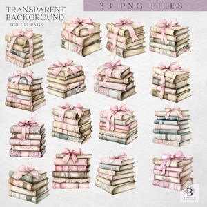 May include: 33 digital illustrations of stacks of vintage books with pink bows. The books are tied with pink ribbon and have a worn, antique look. The background is transparent.