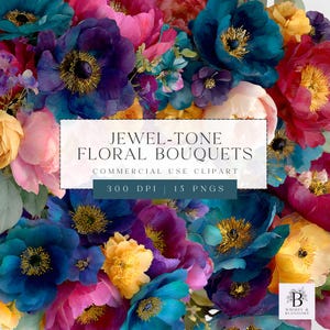 Clipart de flores en tonos joya, clipart de boda, diseños florales en acuarela, flores brillantes, descarga digital, arte para manualidades, uso comercial