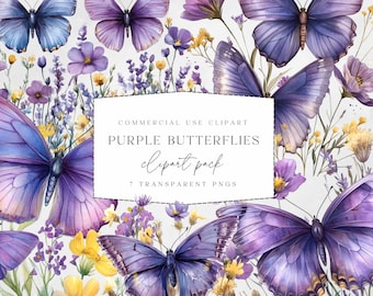Watercolor Butterfly Clipart Purple, Wildflower Butterflies, Purple and Yellow, Spring Butterflies, PNGs, Commercial Use Clipart, 300DPI
