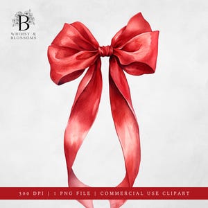 Puede incluir: Ilustración en acuarela de un gran lazo rojo vibrante con largas cintas fluidas. El lazo está centrado sobre un fondo blanco. El texto "Whimsy & Blossoms" está en la esquina superior izquierda. La parte inferior de la imagen tiene el texto "300 DPI | 1 PNG FILE | COMMERCIAL USE CLIPART".