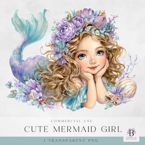 Pastel Mermaid Clipart - Cute Mermaid Girl Clipart- Transparent PNG for Commercial Use - High Quality - Instant Download - Under the Sea