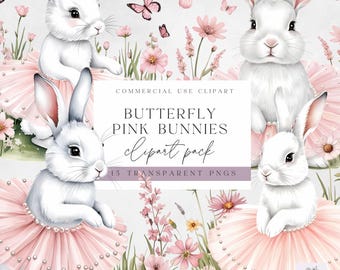 Bunny Butterfly Clipart - Springtime Meadow Bunnies -  Watercolor Butterfly Pink Bunny Art - Digital Download for Card Making - Cute Rabbit