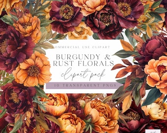 Burgundy And Rust Flower Clipart - Terracotta and Burgundy Floral Clipart - Autumn Flowers PNG - Wedding Invitation Graphics - Digital Art