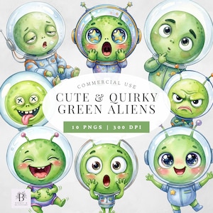 Schattige groene buitenaardse clipart, aquarel buitenaardse png, grappige buitenaardse clipart, eigenzinnige buitenaardse tekens, ruimte clipart, kinderen clipart, commercieel