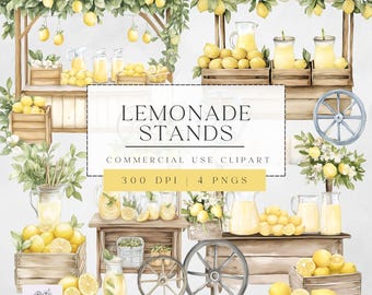 Lemonade Stand Clipart, Cute Watercolor Lemonade Designs, Summer PNG Graphics, Digital Download, Art for Crafts, Commercial Use, 300dpi