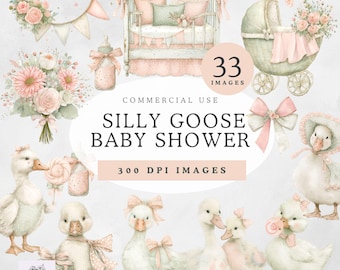 Silly Goose Baby Shower Clipart, Pink Silly Goose, Coquette Bow, Digital Download for Invitations, Commercial Use PNGs