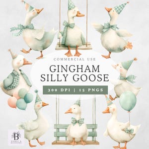 Silly Goose Clipart Gingham, Sage Green Gingham Birthday Goose, Digital Download for Invitations, Commercial Use PNGs