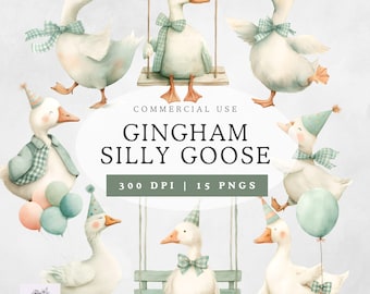 Silly Goose Clipart Gingham, Sage Green Gingham Birthday Goose, Digital Download for Invitations, Commercial Use PNGs
