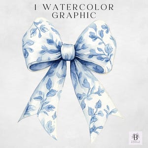 May include: A watercolor illustration of a blue and white bow with a floral pattern. The bow is tied in a knot and the ends are flowing down. The background is a light blue.