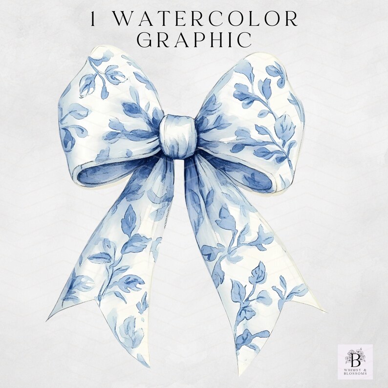 May include: A watercolor illustration of a blue and white bow with a floral pattern. The bow is tied in a knot and the ends are flowing down. The background is a light blue.