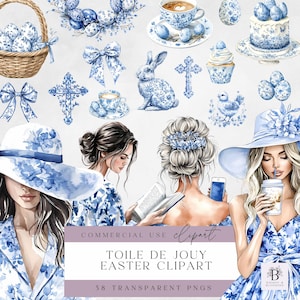 Toile De Jouy Ostern Clipart - Chinoiserie PNG - Aquarell Blau und Weiß Toile - Digitaler Download für die Kartenherstellung - Hasen - Kreuz - PNG