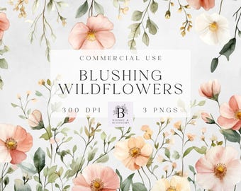 Aquarell Wildblumen Clipart Blush Wildblumen Ränder - Aquarell Wildblumen - Clipart für kommerzielle Nutzung - Instant Download - 300dpi