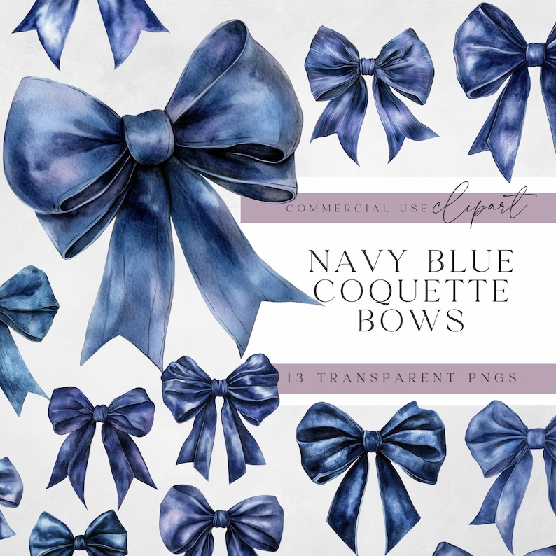 May include: A set of 13 watercolor navy blue bows, perfect for adding a touch of elegance to your crafts and projects.  The bows are available as transparent PNG files, making them easy to use in digital designs.