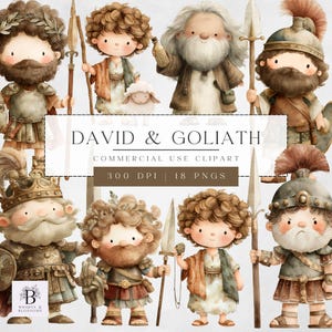 Clipart di Davide e Golia, PNG di storie bibliche, arte digitale per bambini cristiani, grafica per la scuola domenicale, immagini basate sulla fede, download istantaneo