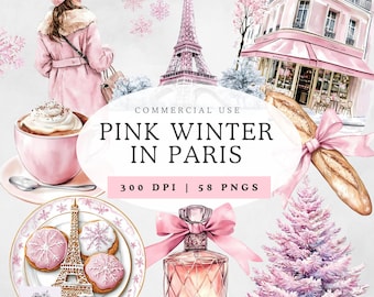Pink Winter in Paris Clipart - Winter Graphics PNG - Elegant Paris Clipart - Digital Download for Card Making - French Travel - France - PNG