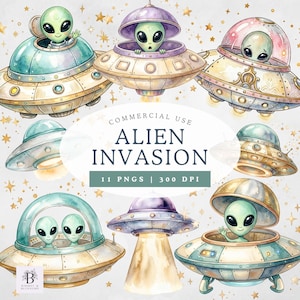 May include: Watercolor illustration of various UFOs with green aliens. The image includes the text "Alien Invasion" and "11 PNGS | 300 DPI". The UFOs are in shades of blue, purple, and gold, with stars in the background.