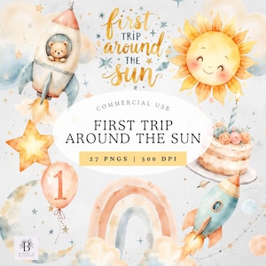 Puede incluir: Ilustraciones en acuarela para una temática de primer cumpleaños. Incluye un cohete con un osito de peluche, un sol sonriente, una tarta, un arcoíris, un globo con el número uno y el texto "First Trip Around The Sun".