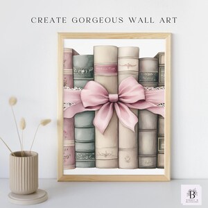 May include: A watercolor illustration of a stack of vintage books tied together with a large pink bow. The books have a worn, antique look with faded lettering on the spines. The image is perfect for a nursery or children's room.