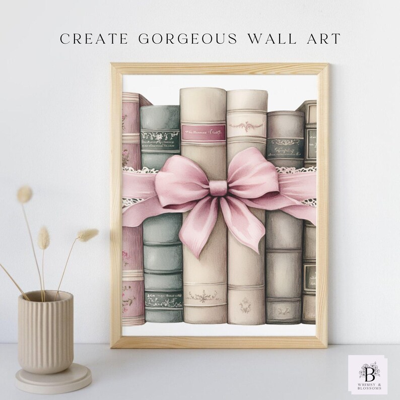 May include: A watercolor illustration of a stack of vintage books tied together with a large pink bow. The books have a worn, antique look with faded lettering on the spines. The image is perfect for a nursery or children's room.