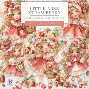 Clipart fille aux fraises - PNG pour créations artisanales de baby shower, téléchargement numérique, adorable décoration d'anniversaire - PNG transparent pour usage commercial