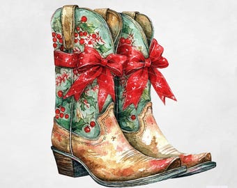 Christmas Cowgirl Boots Clipart- Christmas Clipart - High Quality - Instant Download - Christmas Western - Watercolor PNG - Transparent