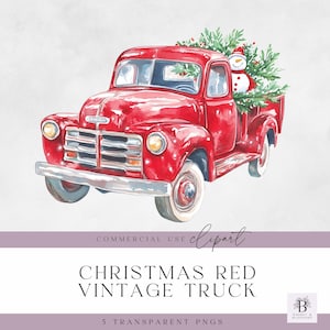 Christmas Clipart Red Farm Truck- Christmas Clipart - High Quality - Instant Download - Vintage Truck - Watercolor PNG - Transparent