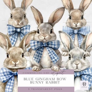 Clipart Häschen Schleife - Häschen trägt blau Gingham Schleife Clipart - Frühling Sublimation - Digital Download für die Kartenherstellung - Transparent
