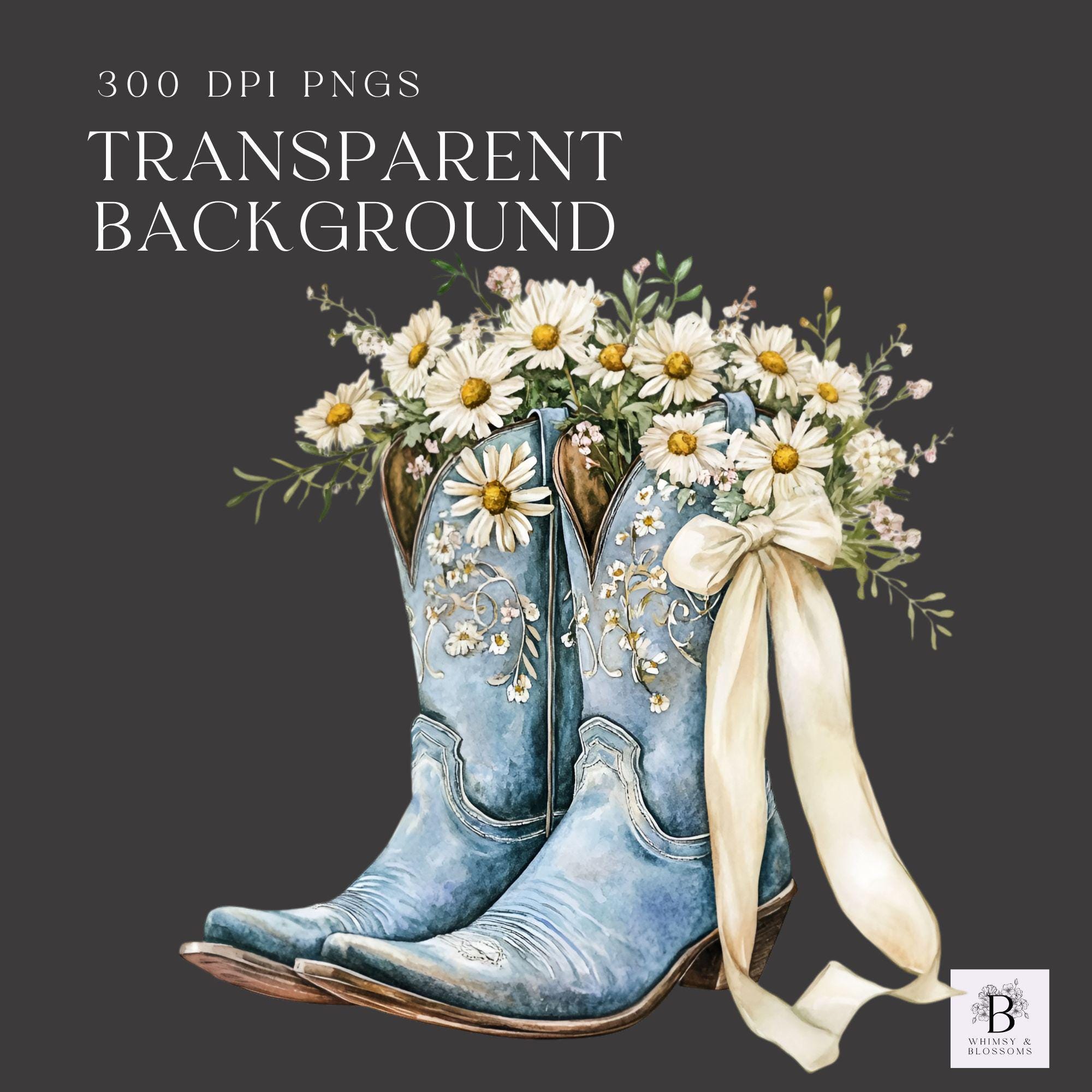 水彩カウガールブーツクリップアート - 青い花柄ブーツグラフィック