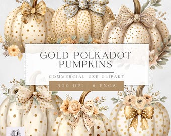 Gold Polka Dot Pumpkin Clipart, Watercolor Pumpkins with Bows Clipart, Transparent PNG for Commercial Use