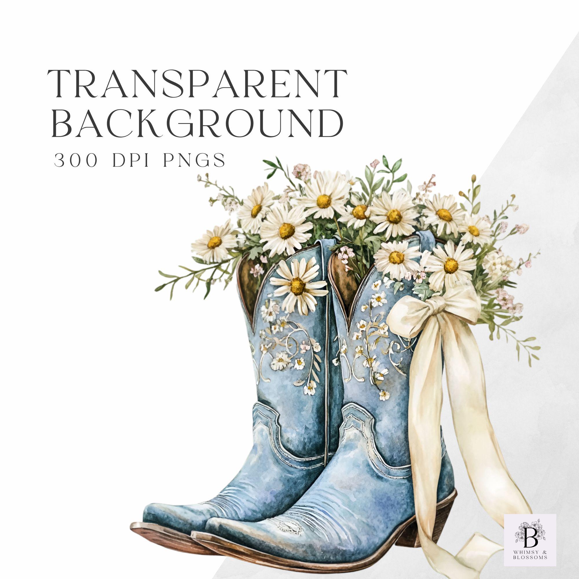 水彩カウガールブーツクリップアート - 青い花柄ブーツグラフィック
