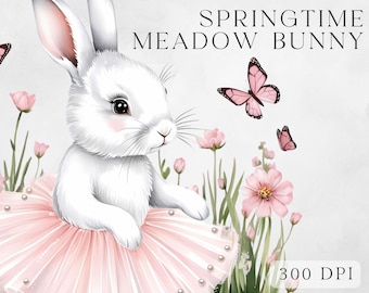 Bunny Butterfly Clipart - Springtime Meadow Bunny -  Watercolor Butterfly Art - Digital Download for Card Making - Cute Rabbit Decor - PNG