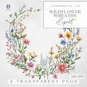 Wildflower Watercolor Wreath Clipart, Single Image, Watercolor, Commercial Use, Transparent Png, High Quality Clipart,  300 DPI