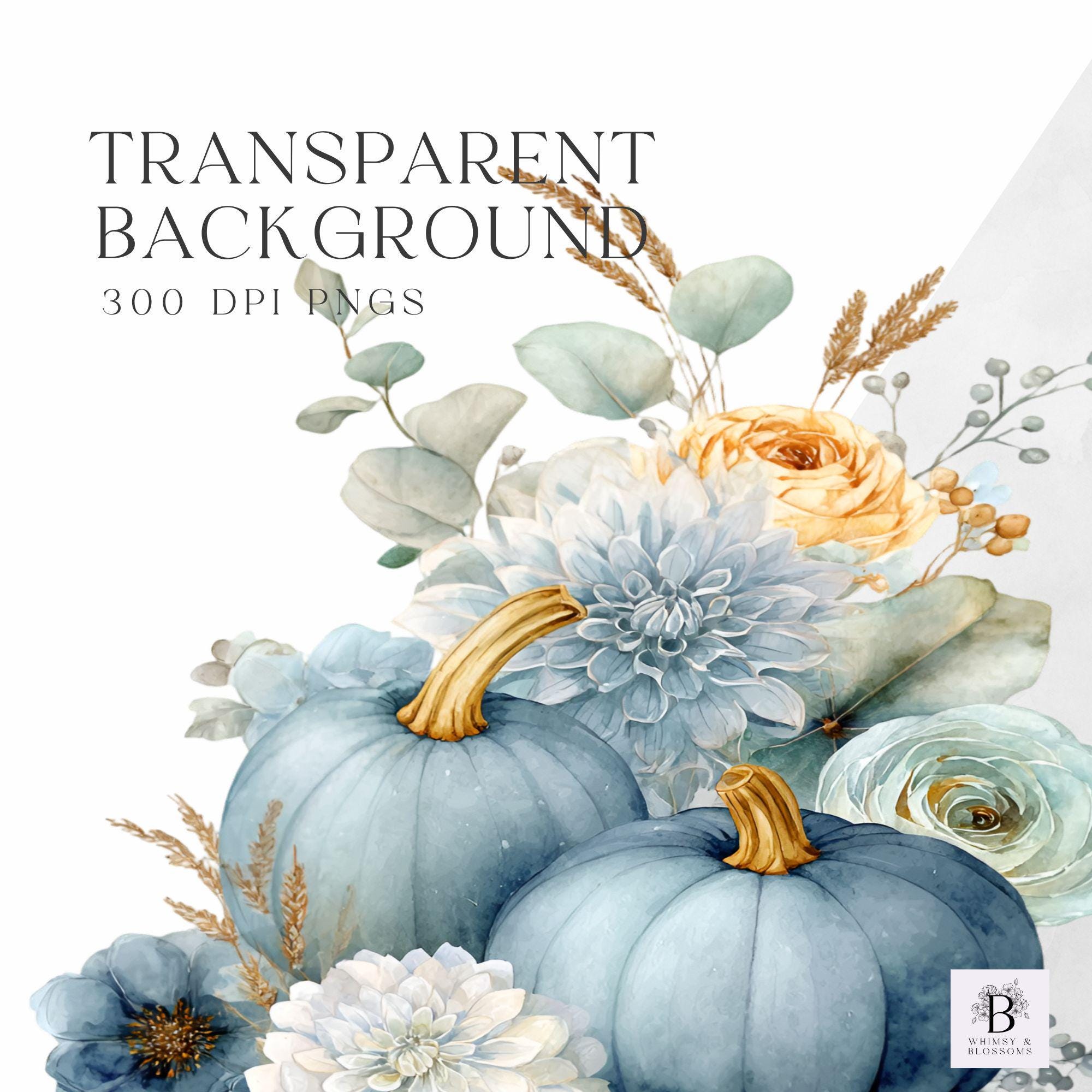 Dusty Blue Floral Pumpkin Clipart, Watercolor Fall Pumpkin Clipart ...