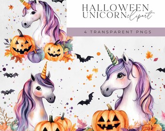 Halloween Unicorns Clipart- Unicorn Clipart - High Quality - Instant Download - Cute Spooky Unicorns - Watercolor PNG - Transparent