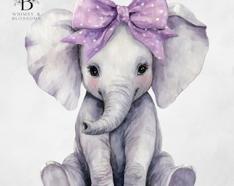 Purple Baby Elephant Png, Cute Watercolor Clipart for Baby Shower, Nursery Decor, Digital Download, Art Print - Commercial Use