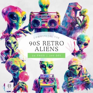 Puede incluir: Imagen de arte digital con ilustraciones coloridas al estilo acuarela de extraterrestres con temática retro de los años 90. Los extraterrestres se representan con ojos grandes y varios accesorios, incluyendo una radio, una cámara y un juego de arcade. Se muestra el texto "90s Retro Aliens".