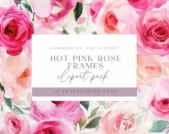Hot Pink Rose Clipart - Watercolor Graphics - Digital Download - High Quality - Borders - Invitation Frames - Commercial Use - PNG