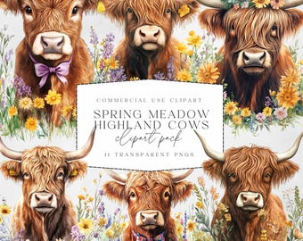 Spring Highland Cow Clipart, Spring Meadow Highland Cows, Easter, Wildflowers Png, Highland Cow Easter Png, Meadow Cows, Springtime Cows
