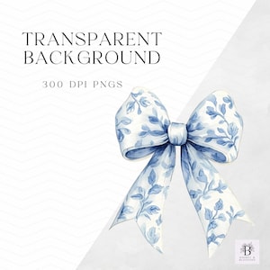 May include: A blue and white patterned bow with a floral design. The bow is tied in a knot and has a white background with blue floral accents.