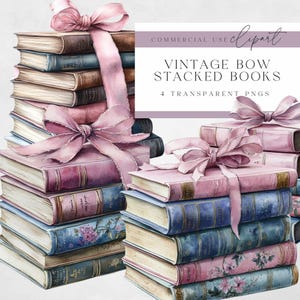 May include: Four stacks of vintage books tied with pink satin ribbon bows. The books have a watercolor painted look with floral designs and gold lettering.  The image is a digital illustration.