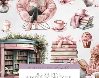 Blozen roze winter booklover clipart-boekenliefhebber clipart-bibliotheek boekenplank-transparante PNG voor commercieel gebruik-hoge kwaliteit-lezing