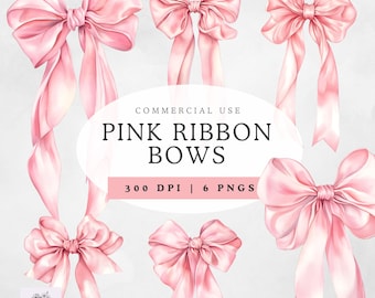 May include: Watercolor illustration of six pink ribbon bows with long flowing tails. The bows are in various styles and arrangements. Text on the image reads "PINK RIBBON BOWS" and "300 DPI | 6 PNGS".