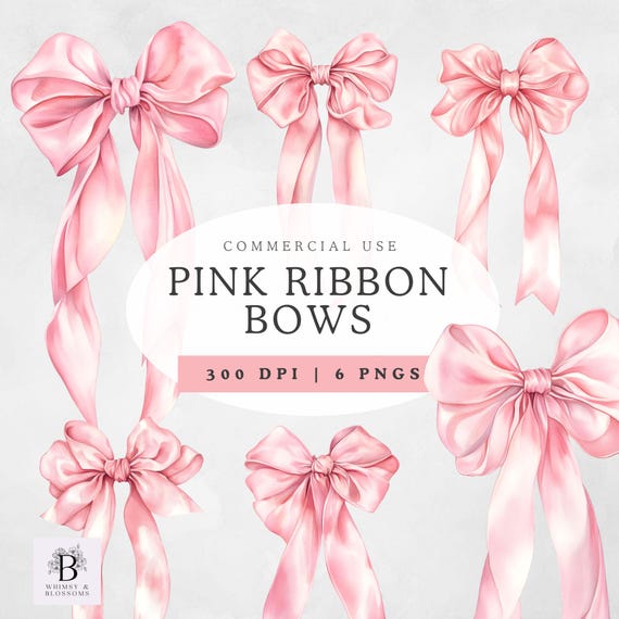 Light Pink Bow Png, Cute Pink Ribbons, Coquette Bow Clipart, Watercolor Design, For Commercial Use, 300dpi, Transparent
