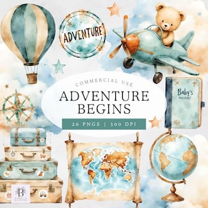 May include: Watercolor illustrations featuring travel-themed elements. Includes a hot air balloon, airplane with a teddy bear pilot, compass, globe, stacked suitcases, a world map, and a passport. The text "ADVENTURE BEGINS" is displayed.