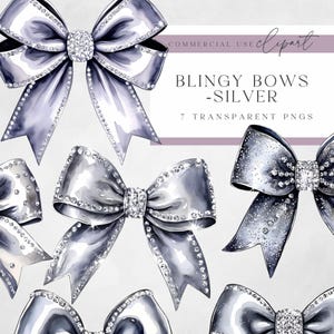 May include: Seven silver watercolor bows with sparkling rhinestones. The bows are in various sizes and positions.  The text "BLINGY BOWS - SILVER" and "7 TRANSPARENT PNGS" is visible in the image.