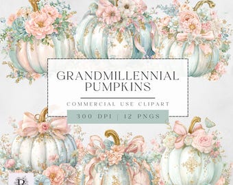 Coquette Pumpkin Grandmillennial Png, Watercolor Floral Pumpkin Clipart, Transparent PNG for Commercial Use