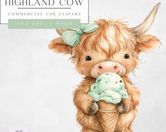 Mint Baby Highland Cow Clipart - Summer Clipart - Ice Cream Clipart Designs  - for Commercial Use - Instant Download - PNG 300dpi